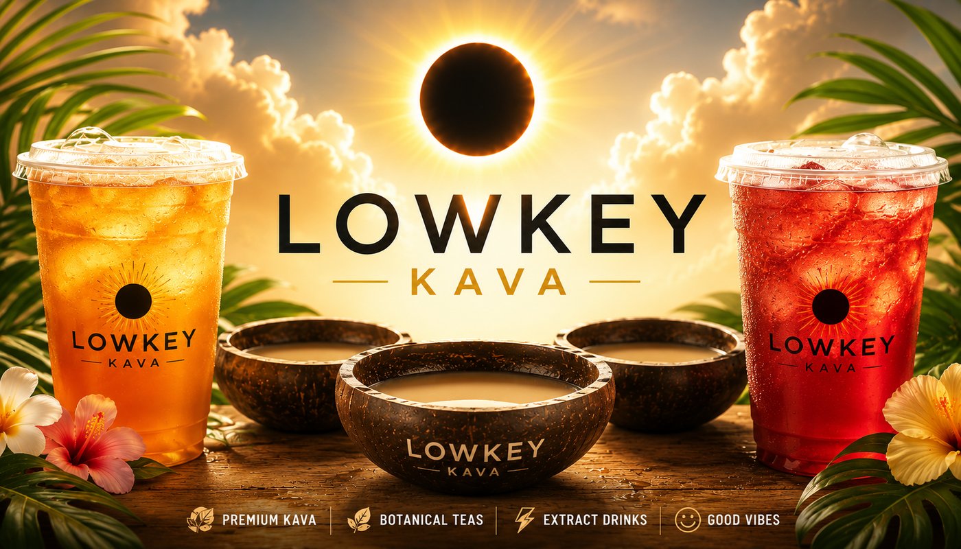 Lowkey Kava drink lineup featuring premium kava, botanical teas, and extract drinks with eclipse branding